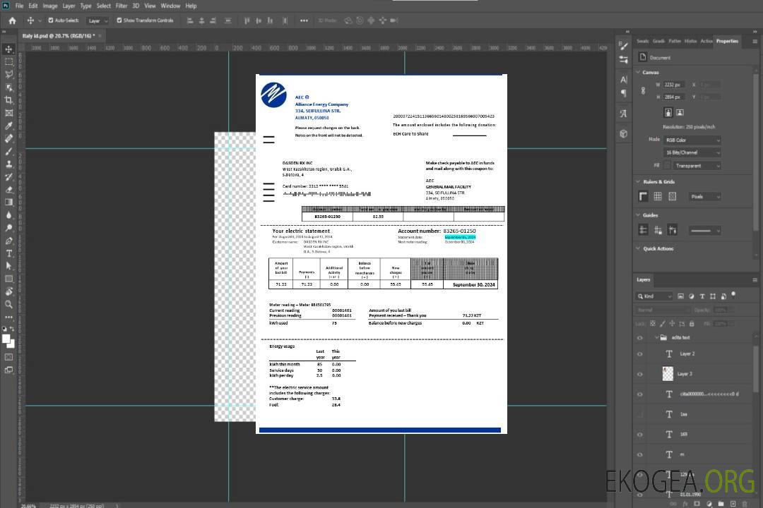 Modèle Word et PDF de facture de services publics de la Kazakhstan Alliance Energy Company (AEC) template